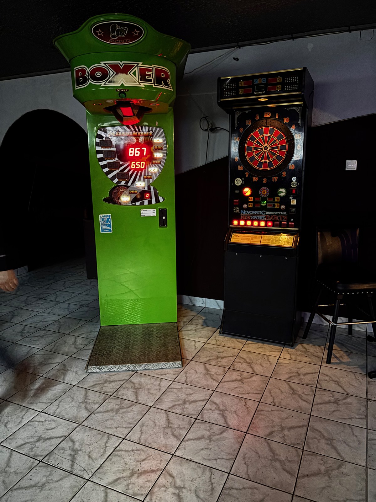Zelený boxer a elektronický šípkový automat v interiéri